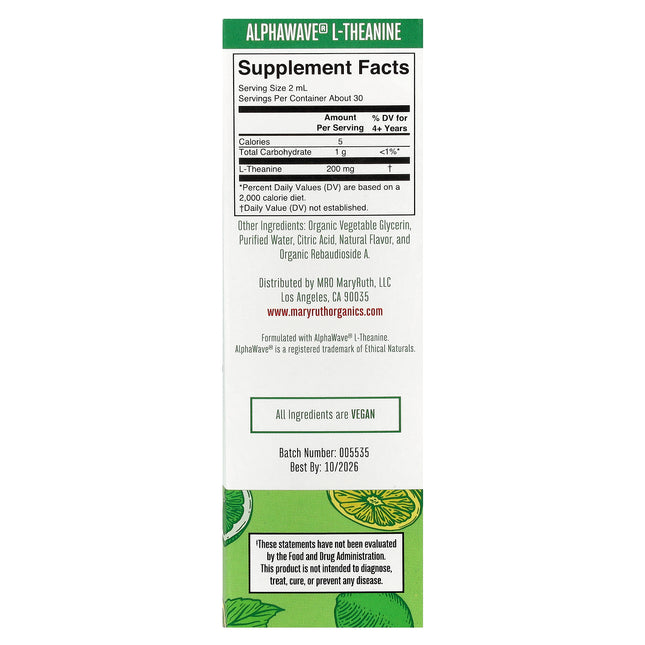 MaryRuth's L-Theanine Liquid Drops, Lemon Lime, 2 fl oz (60 ml) - supplement facts and ingredients label