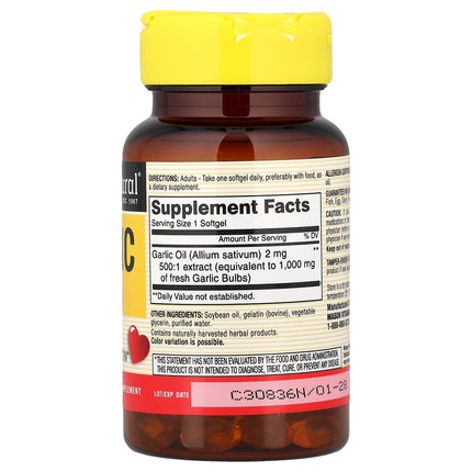 Mason Natural Garlic 1,000 mg 100 Softgels - back label with Supplement Facts and directions