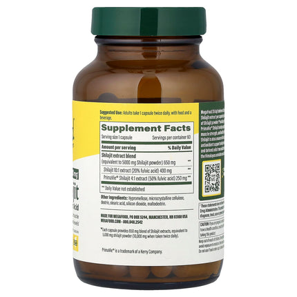 MegaFood Shilajit With Fulvic Acid 60 Capsules - back of bottle with supplement facts