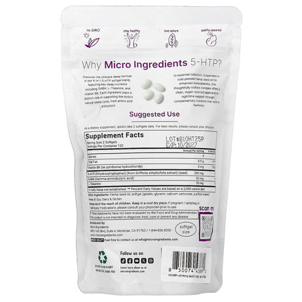Micro Ingredients 5 HTP + Gaba, L-Theanine, Vitamin B6, 240 Capsules - supplement facts and ingredients label