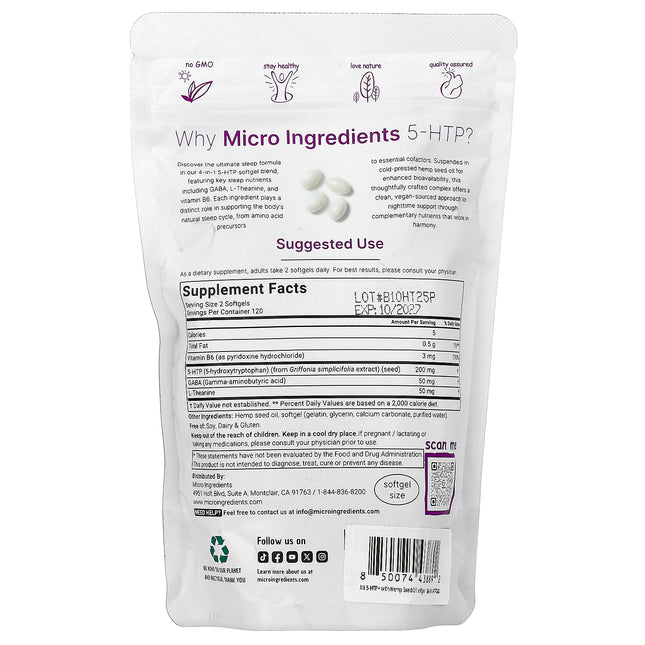 Micro Ingredients 5 HTP + Gaba, L-Theanine, Vitamin B6, 240 Capsules - supplement facts and ingredients label