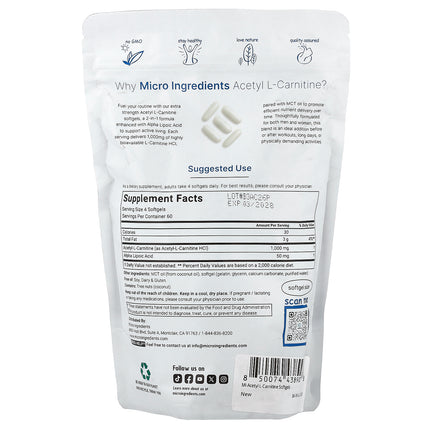 Micro Ingredients Acetyl L-Carnitine 240 Capsules - back label with supplement facts and ingredients