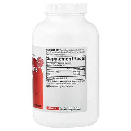 Micro Ingredients L-Carnitine Tartrate with NAD+ 240 Vegetarian Capsules - back label with supplement facts and ingredients