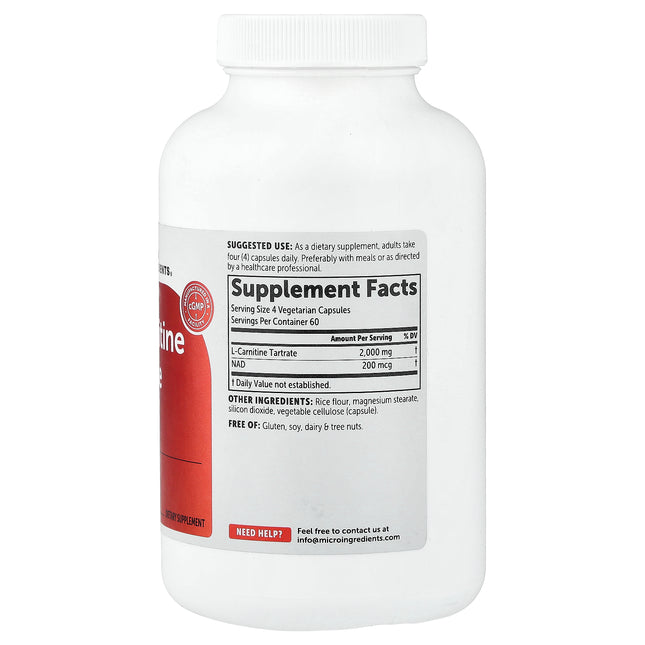 Micro Ingredients L-Carnitine Tartrate with NAD+ 240 Vegetarian Capsules - back label with supplement facts and ingredients