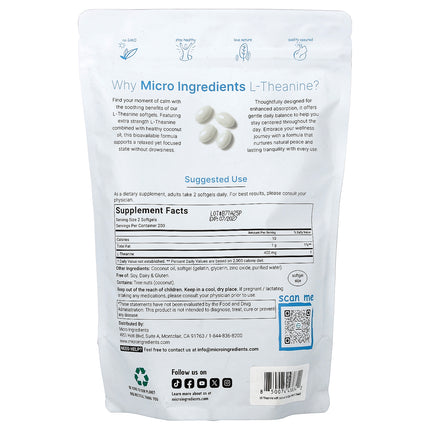 Micro Ingredients L-Theanine, 400 Capsules (200 mg per Capsule) - supplement facts and ingredients label