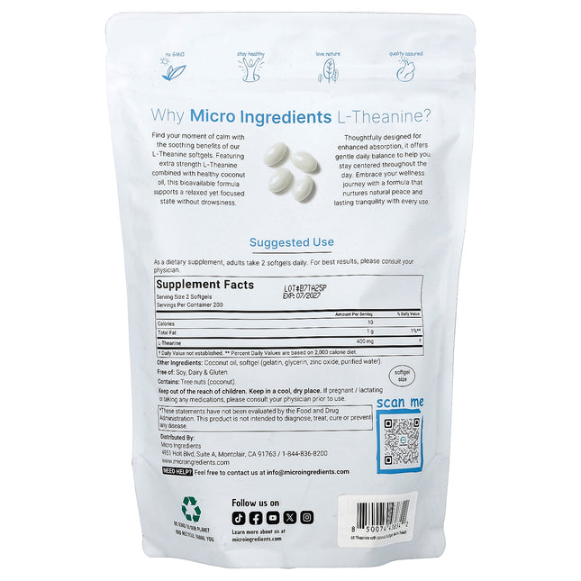 Micro Ingredients L-Theanine, 400 Capsules (200 mg per Capsule) - supplement facts and ingredients label