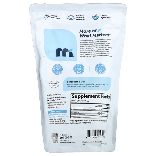 Micro Ingredients L-Theanine with Magnesium Glycinate, 400 Capsules - supplement facts and ingredients label