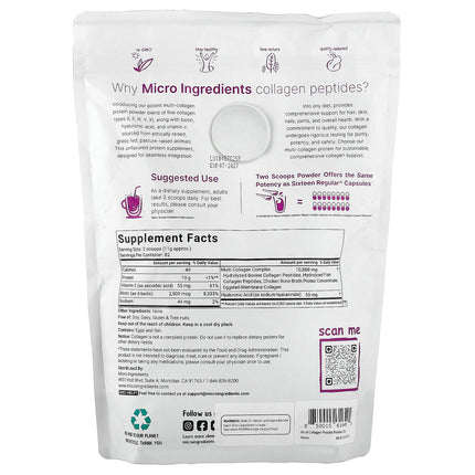 Micro Ingredients Multi Collagen Peptides, Unflavoured - Back label with supplement facts and ingredients