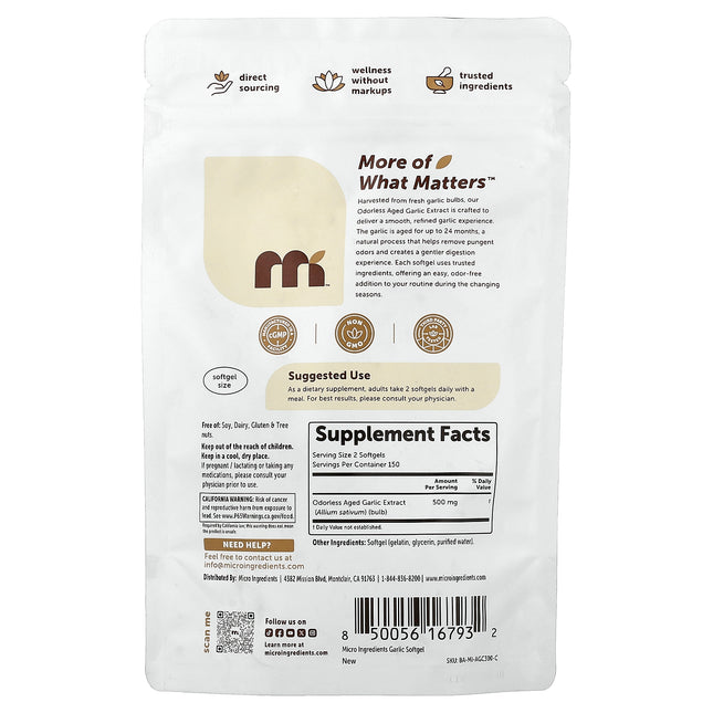 Micro Ingredients Odourless Aged Garlic 300 Softgels - back label with Supplement Facts and directions