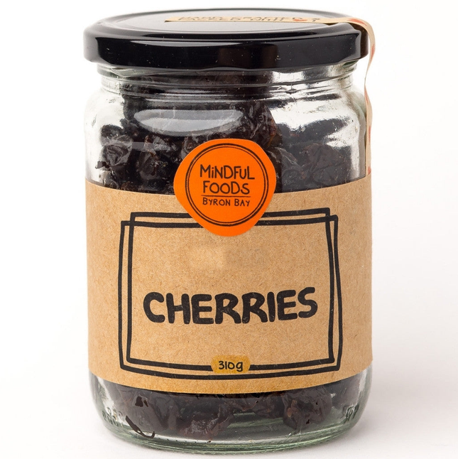 Mindful Foods Cherries 310g glass jar with kraft label, front