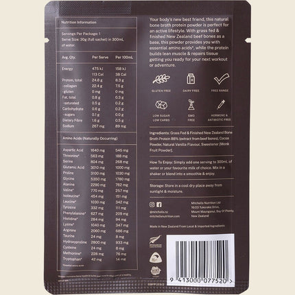 Mitchells Nutrition Bone Broth Protein Powder Chocolate 30g sachet, back label with nutrition information and ingredients
