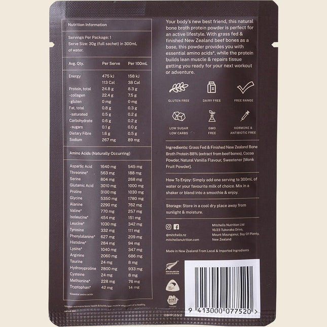 Mitchells Nutrition Bone Broth Protein Powder Chocolate 30g sachet, back label with nutrition information and ingredients