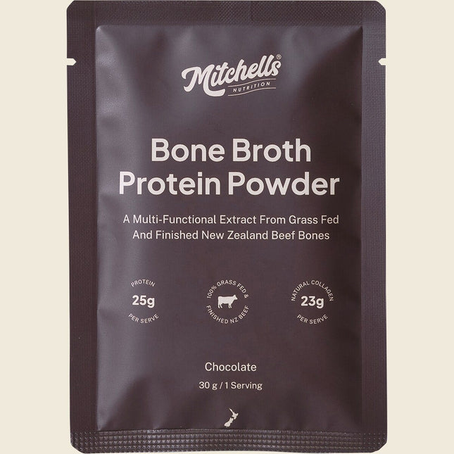 Mitchells Nutrition Bone Broth Protein Powder Chocolate 30g sachet, front of pack