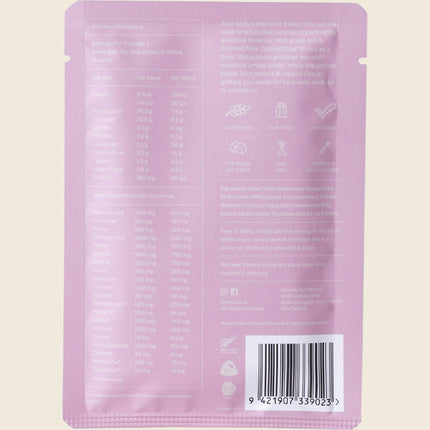 Mitchells Nutrition Bone Broth Protein Powder Real Strawberry 30g sachet, back label with nutrition information and ingredients