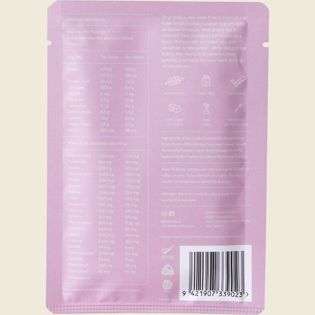 Mitchells Nutrition Bone Broth Protein Powder Real Strawberry 30g sachet, back label with nutrition information and ingredients