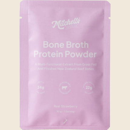 Mitchells Nutrition Bone Broth Protein Powder Real Strawberry 30g sachet, front of pack