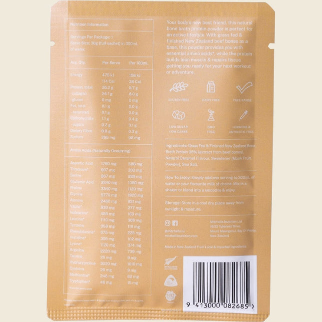 Mitchells Nutrition Bone Broth Protein Powder Salted Caramel 30g sachet, back label with nutrition information and ingredients
