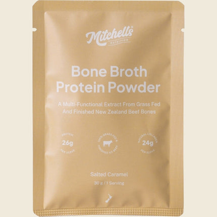 Mitchells Nutrition Bone Broth Protein Powder Salted Caramel 30g sachet, front of pack