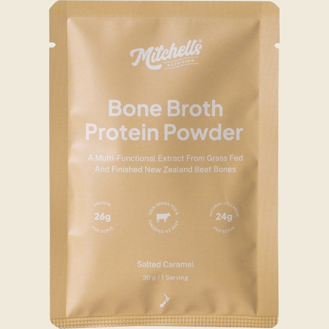 Mitchells Nutrition Bone Broth Protein Powder Salted Caramel 30g sachet, front of pack