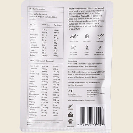 Mitchells Nutrition Bone Broth Protein Powder Unflavoured 30g sachet, back label with nutrition information and ingredients