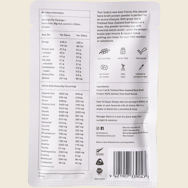 Mitchells Nutrition Bone Broth Protein Powder Unflavoured 30g sachet, back label with nutrition information and ingredients