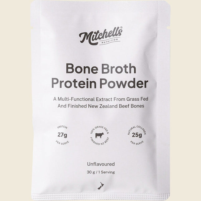 Mitchells Nutrition Bone Broth Protein Powder Unflavoured 30g sachet, front of pack