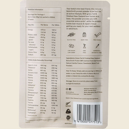 Mitchells Nutrition Bone Broth Protein Powder Vanilla 30g sachet, back label with nutrition information and ingredients