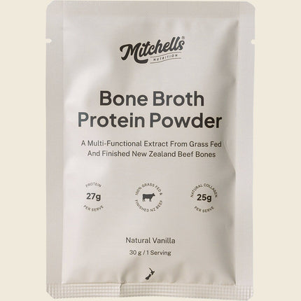 Mitchells Nutrition Bone Broth Protein Powder Vanilla 30g sachet, front of pack
