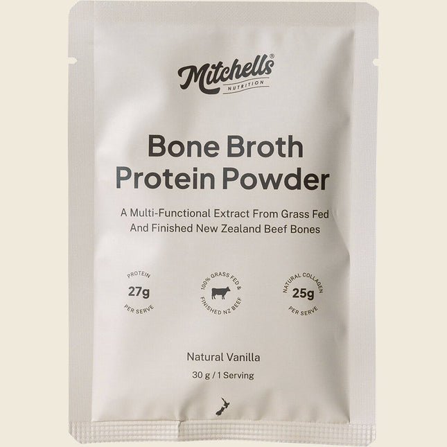 Mitchells Nutrition Bone Broth Protein Powder Vanilla 30g sachet, front of pack
