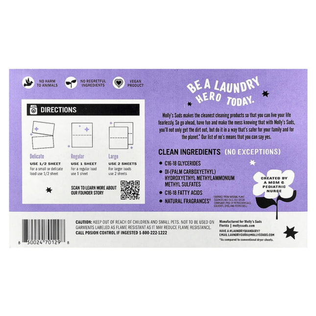Molly's Suds, Dryer Sheets, Lavender, 120 Sheets  - back label with ingredients