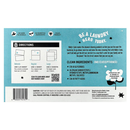 Molly's Suds, Dryer Sheets, Unscented, 120 Sheets  - back label with ingredients