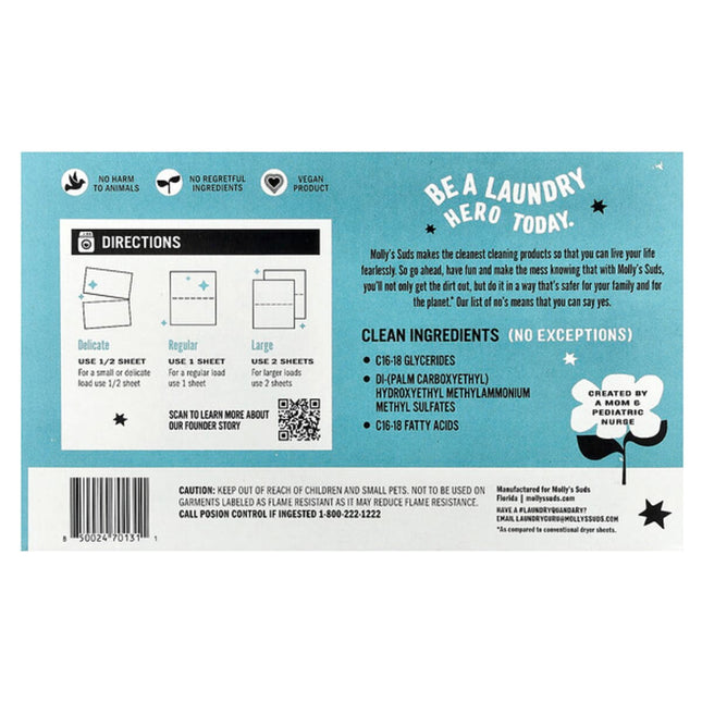 Molly's Suds, Dryer Sheets, Unscented, 120 Sheets  - back label with ingredients