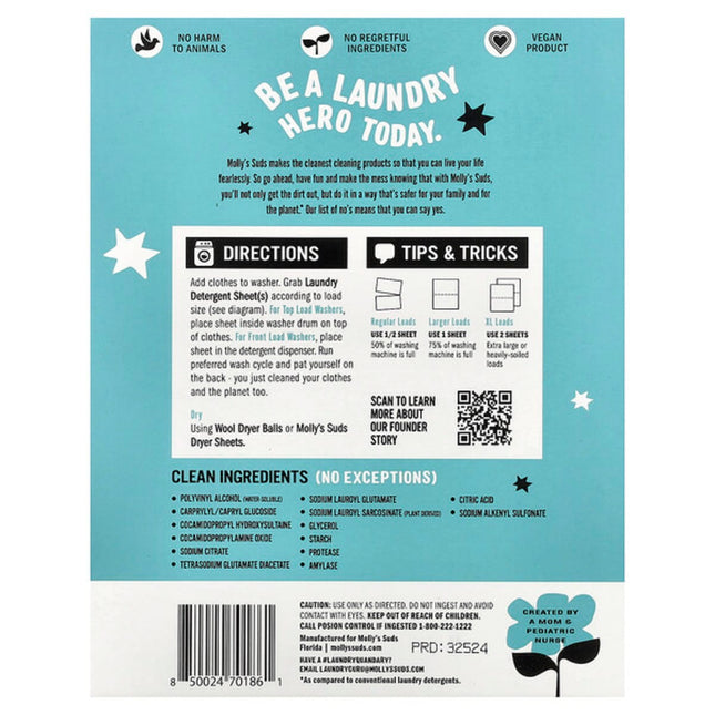Molly's Suds, Laundry Detergent Sheets, Unscented, 35 Sheets  - back label with ingredients
