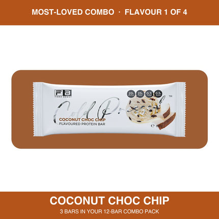 Fibre Boost Coconut Choc Chip cold pressed protein bar, one of four flavours in the Most-Loved combo