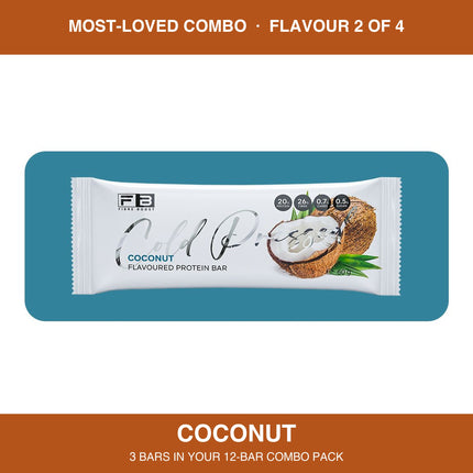 Fibre Boost Coconut cold pressed protein bar, one of four flavours in the Most-Loved combo