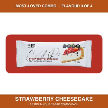 Fibre Boost Strawberry Cheesecake cold pressed protein bar, one of four flavours in the Most-Loved combo