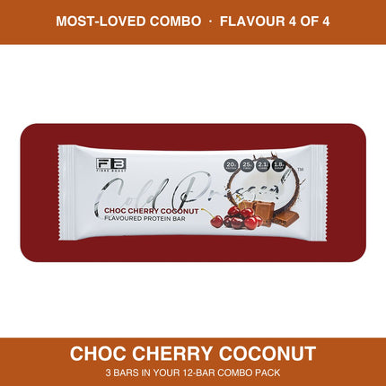 Fibre Boost Choc Cherry Coconut cold pressed protein bar, one of four flavours in the Most-Loved combo