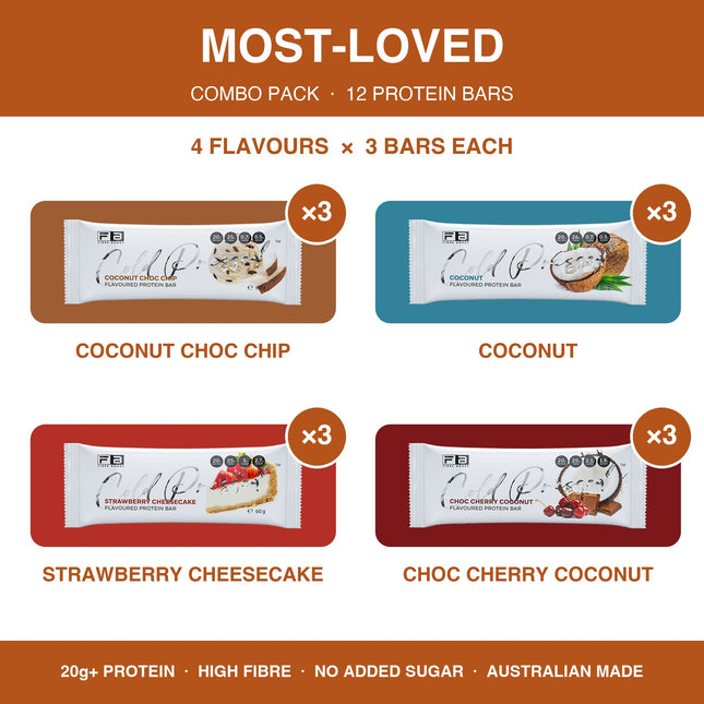 Fibre Boost Most-Loved favourite flavours protein bar combo pack of 12: Coconut Choc Chip, Coconut, Strawberry Cheesecake and Choc Cherry Coconut bars
