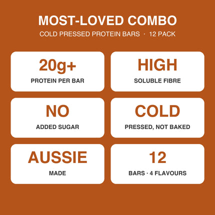 Most-Loved combo benefits: 20g+ protein per bar, high soluble fibre, no added sugar, cold pressed, Australian made, 12 bars