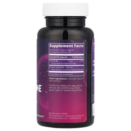 MRM Nutrition Acetyl L-Carnitine 60 Vegan Capsules - back label with supplement facts and ingredients