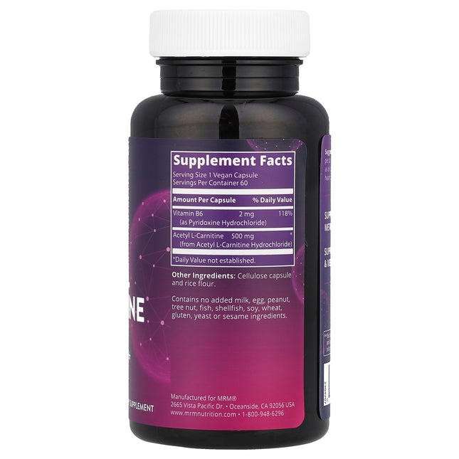 MRM Nutrition Acetyl L-Carnitine 60 Vegan Capsules - back label with supplement facts and ingredients