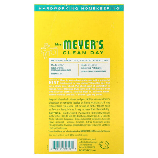 Mrs. Meyers Clean Day, Dryer Sheets, Honeysuckle, 80 Sheets  - back label with ingredients