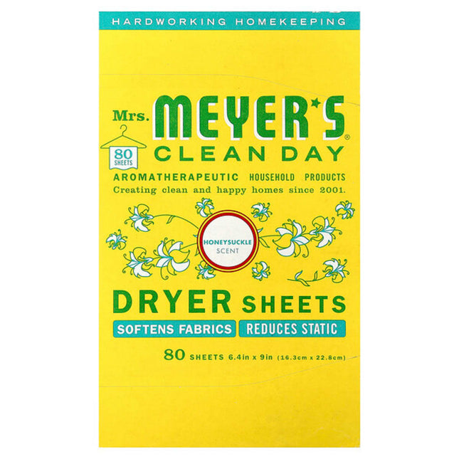 Mrs. Meyers Clean Day, Dryer Sheets, Honeysuckle, 80 Sheets  - front of pack