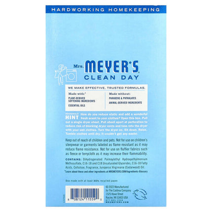Mrs. Meyers Clean Day, Dryer Sheets, Rain Water , 80 Sheets  - back label with ingredients