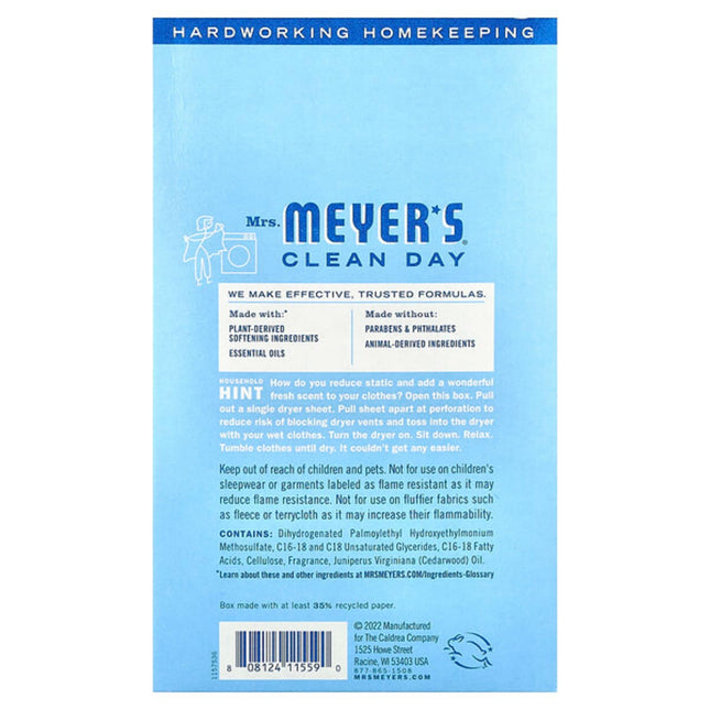 Mrs. Meyers Clean Day, Dryer Sheets, Rain Water , 80 Sheets  - back label with ingredients