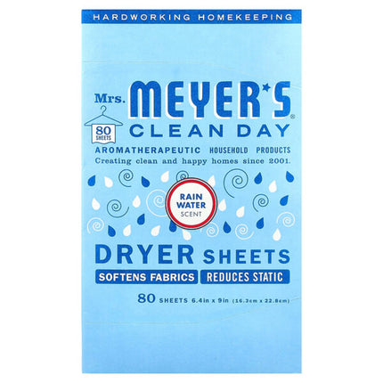 Mrs. Meyers Clean Day, Dryer Sheets, Rain Water , 80 Sheets  - front of pack