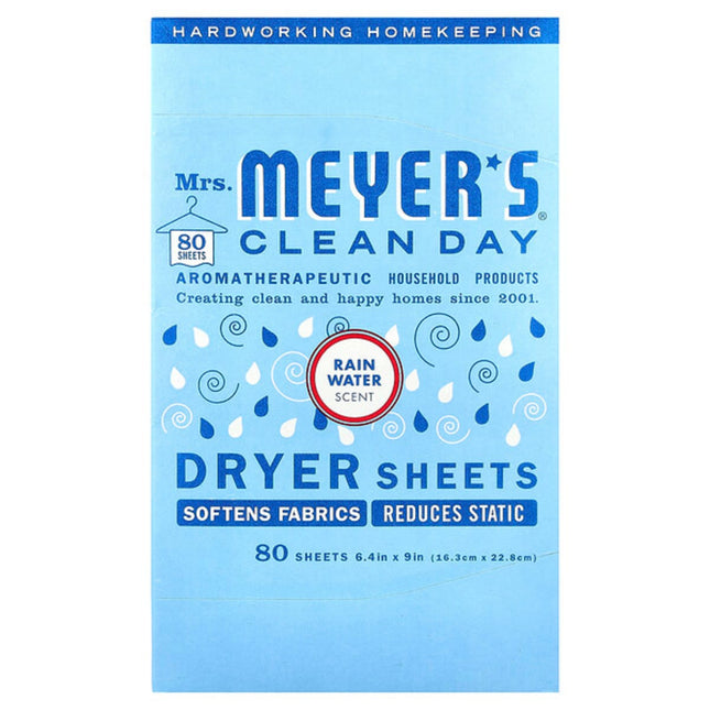 Mrs. Meyers Clean Day, Dryer Sheets, Rain Water , 80 Sheets  - front of pack