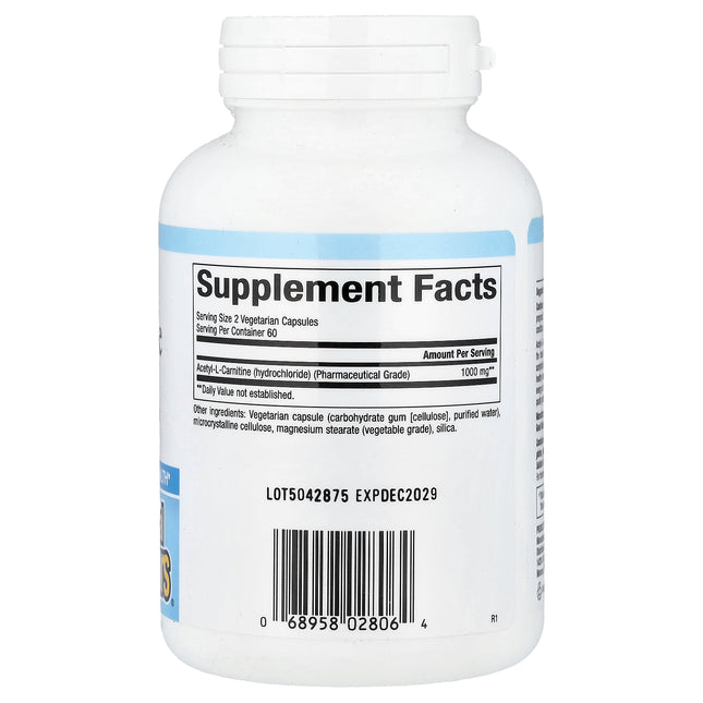 Natural Factors Acetyl-L-Carnitine, 500 mg 120 Vegetarian Capsules - back label with supplement facts and ingredients