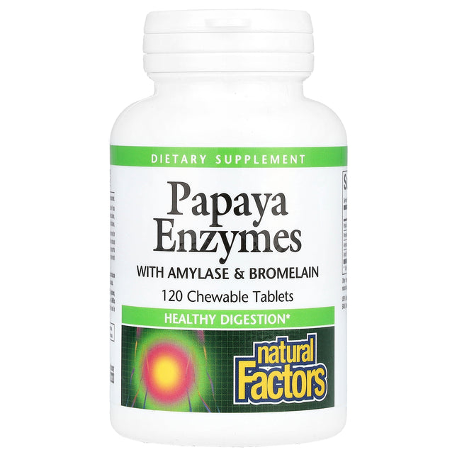 Natural Factors Papaya Enzymes with Amylase & Bromelain 120 chewable tablets bottle, front of pack