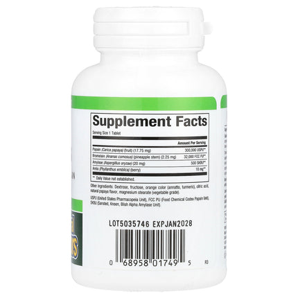 Natural Factors Papaya Enzymes bottle back label with supplement facts and ingredients